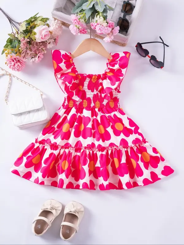 Toddler Girl's Floral Print Ruffle Trim Dress, Cute Cap Sleeve Square Neck Dress for Summer, Kids Clothes for Daily Wear