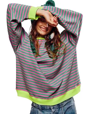 Women's Colorblock Striped Print Contrast Binding Drop Shoulder Sweatshirt, Casual Long Sleeve Round Neck Pullover for Fall &...