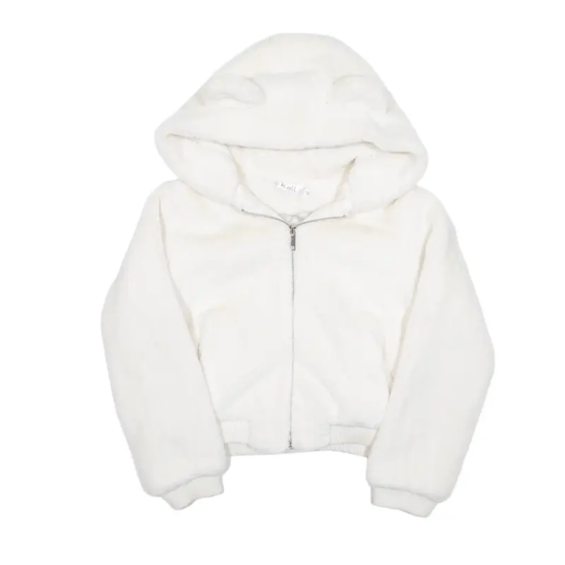 KZELL Faux Fur Bear Hooded Bomber Jacket White Girls 14Y