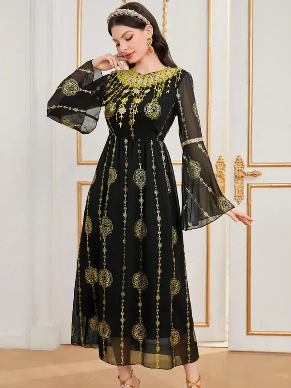 Women's Ethnic Pattern Embroidery Maxi Dress, Elegant Fashion Long Sleeve Dress for Daily Wear, Women's Islamic Clothing for ...