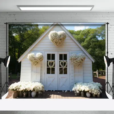 White Heart Floral House Valentines Day Backdrop - Aperturee