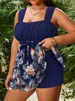 【plus Size】 Two-piece Set  Floral Print Ruched Knot Tankini & Tankini Bottoms Shorts Set, Sleeveless Top & High Stretch S...