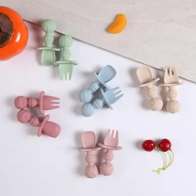 Silicone Baby Fork & Spoon Set, 2 Counts/set Self Feeding Utensil, Easy Grip Toddler Cutlery Kit, Baby Weaning and Feeding Sp...