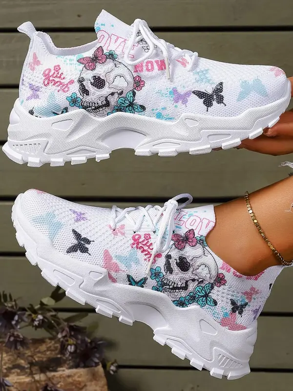 Women's Fashionable Butterfly & Skull Print Lace Up Low Top Sneakers, Casual Comfortable Breathable Sports Running Shoes, All...