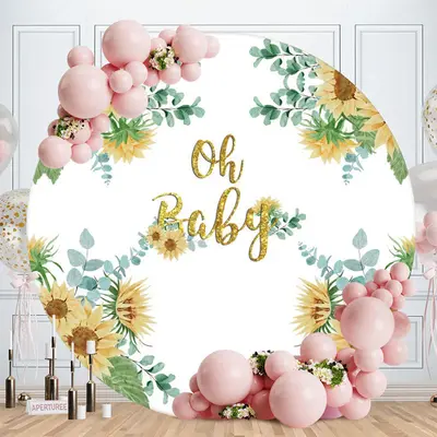 Aperturee Sunflowers And Gold Oh Baby Rpund Baby Shower Backdrop