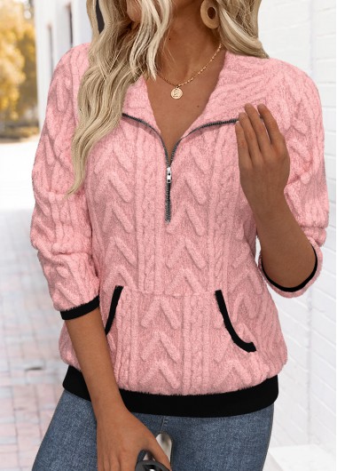 Modlily Pink Tummy Coverage Long Sleeve Turn Down Collar Sweatshirt - L