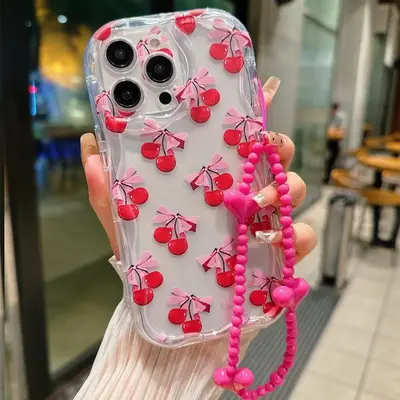 Cherry & Bowknot Pattern Phone Cases with Beaded Lanyard, Cell Phone Case for Apple Smartphone, TPU Shockproof Phone Protect...