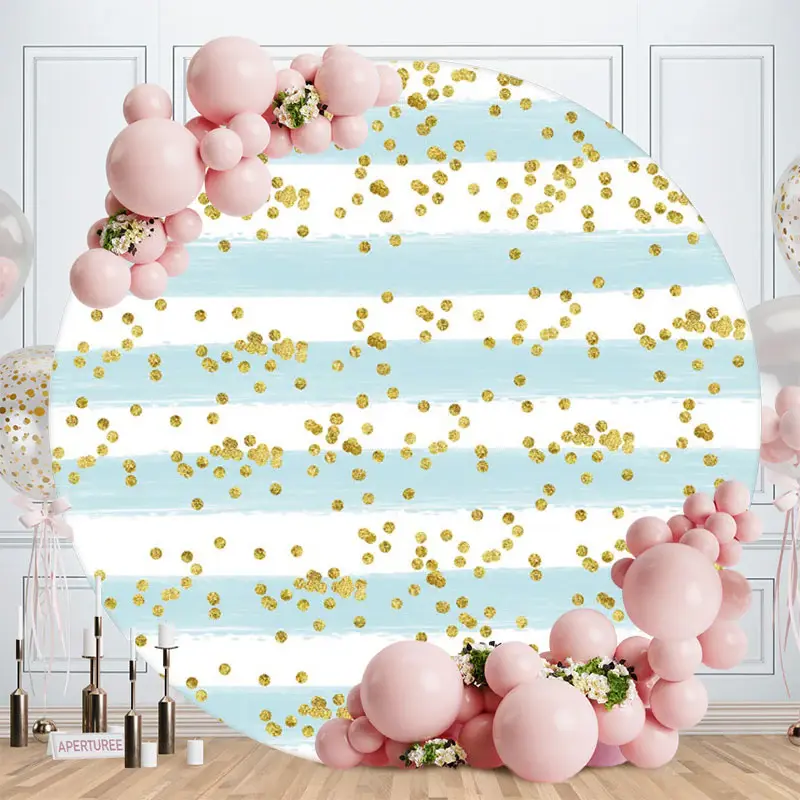 Aperturee Blue And White Stripes Round Gold Spot Birthday Backdrop