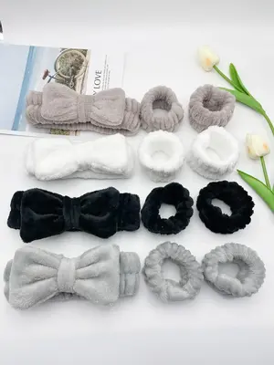 Cute Bow Decor Hair Band & Soft Plush Waist Band for Girls Hairstyles, Water Absorbent Skin Care Set for Women & Girls, Fashi...
