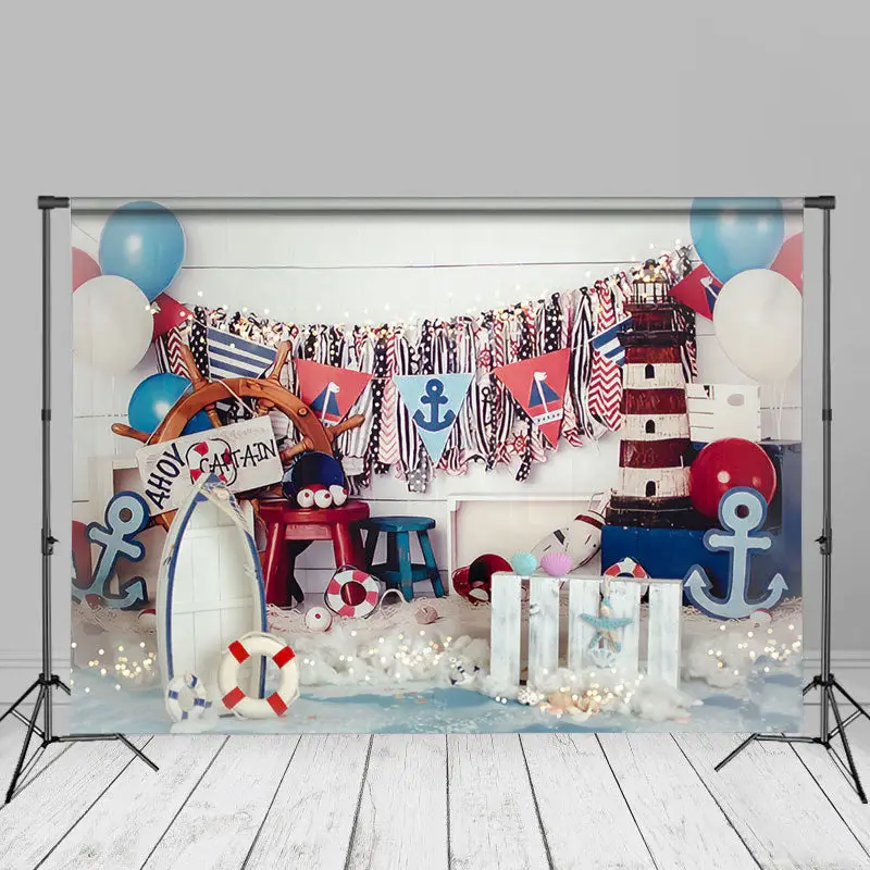 Nautical Balloon Flag Birthday Cake Smash Backdrop - Aperturee