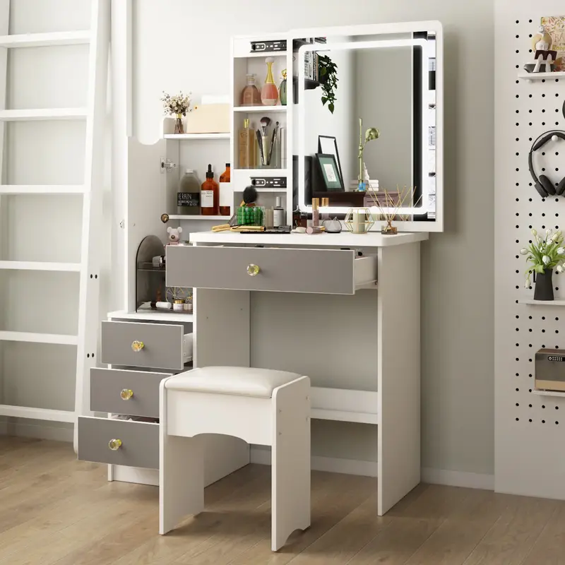 FUFU&GAGA Vanity Desk Set with Sliding Lighted Mirror, Makeup Vanity with Drawer & Shelf, Dressing Table with Cushion Stool, ...