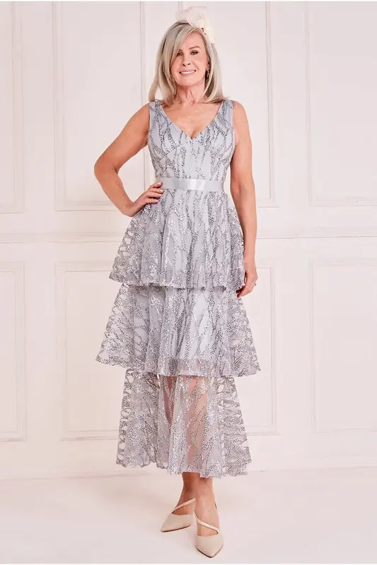 Goddiva Embroidered Mesh Layered Midi - Gray