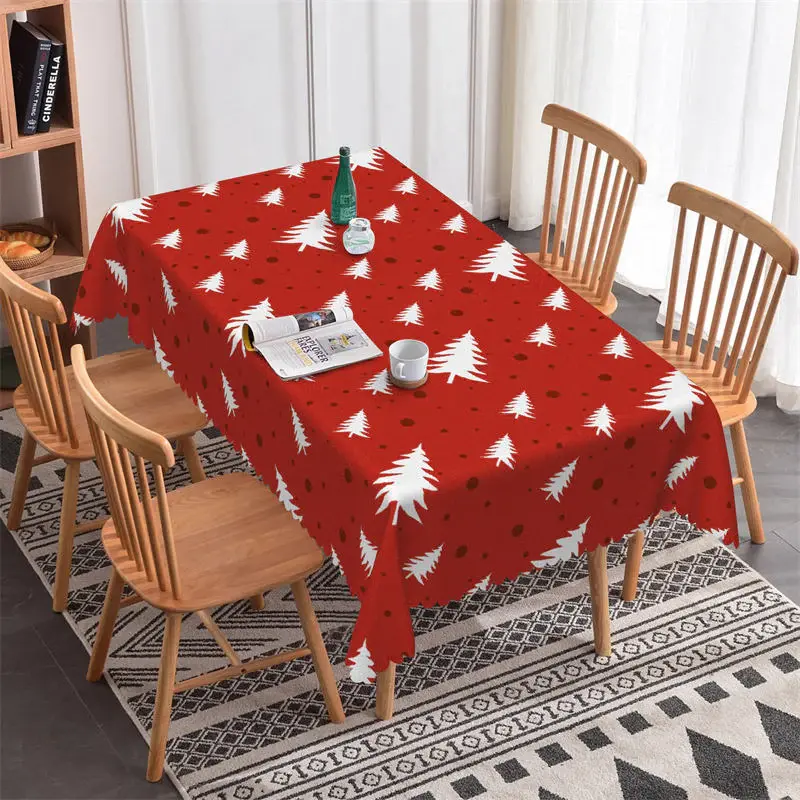 White Pine Trees Dots Repeat Red Christmas Tablecloth - Aperturee