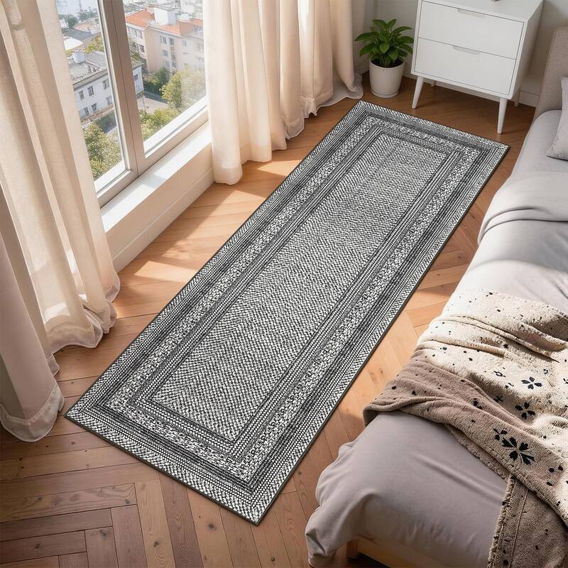 Garvee Modern Bordered Kitchen Rug 2x6, Soft Low Pile, Non-Slip TPE Backing, Washable, Stain Resistant, Black Grey for Entryw...