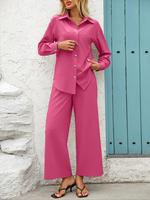 Two-piece Set Women's Solid Button Closure Long Sleeve Shirt & Wide Leg Pants, Lady Casual Fashion Cozy Top & Trousers for Da...