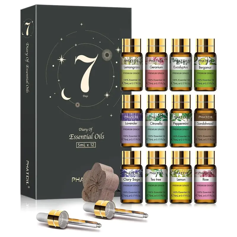 Essential Oils Magnetic Gift Box Set, 12pcs/set Summer Scented Aromatherapy Oils for Home Diffusers Humidifiers, with Two Dro...