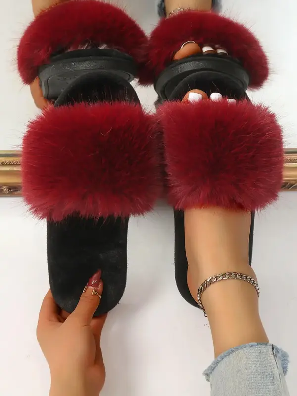 Matching Faux Fur Plush Indoor Slippers for Women, 2025 New Trendy Casual Soft Fluffy Comfort Bedroom Slippers, Female Going ...