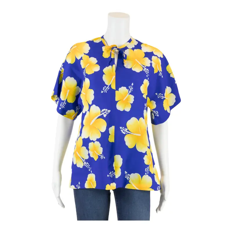 HILO HATTIES Hawaiian Blouse Blue Floral Short Sleeve Womens M