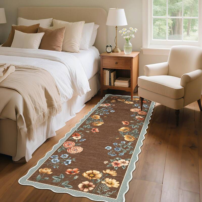 Garvee Floral Botanical 2x6 Runner Non Slip Washable Low Pile Ultra Thin Stain Resistant Brown Rug for Hallways Kitchen Entry...