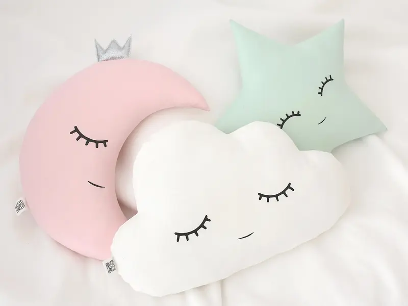 Set of 3 Pillows - White Cloud, Pale Pink Crescent Moon and Green Mint Star Pillows