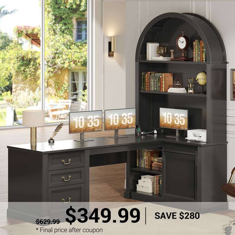 SEDETA | 67 Inch Mid-Century Corner Office Computer Desk L Shaped Desk with Tall Arched Bookshelf Sliding Barn Door Power Out...