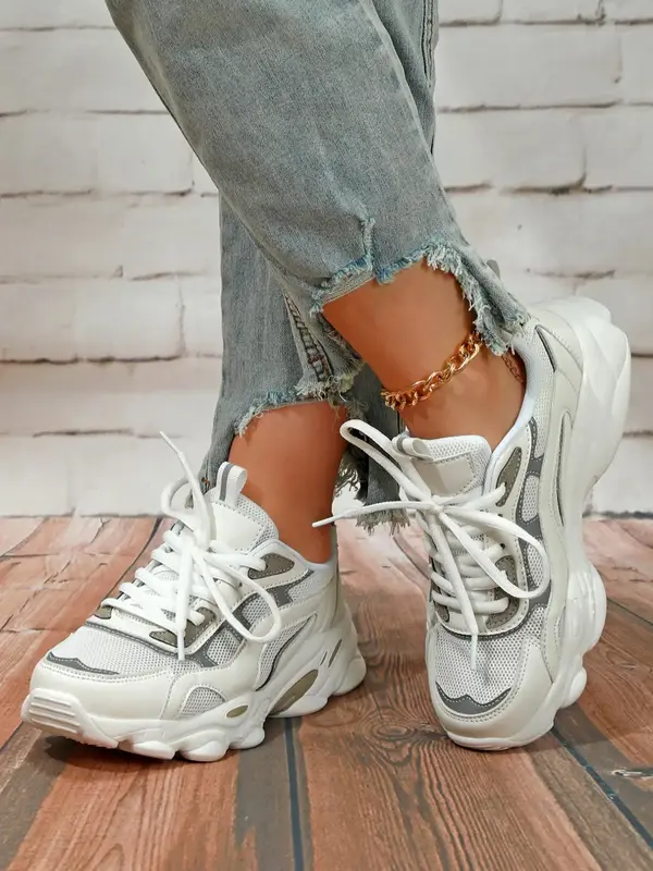 Women's Fashionable Patchwork Round Toe Trainer Sneakers, Simple Design Sporty Mesh Breathable Lightweight Running Shoes, Ath...