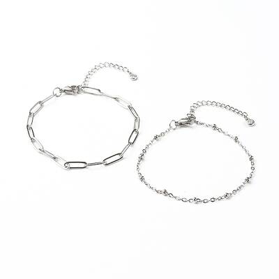 Tarnish Resistant 304 Stainless Steel Paperclip & Satellite Chains Bracelet Set