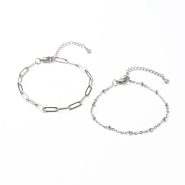 Tarnish Resistant 304 Stainless Steel Paperclip & Satellite Chains Bracelet Set