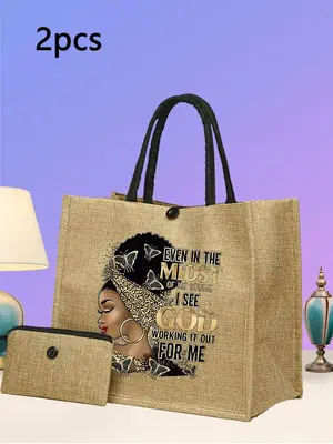 Summer Fashion Letter Pattern Tote Bags for School & Clutch Bag, Beach Essentials, Large Work Bags with Small Zipper Bag, Com...