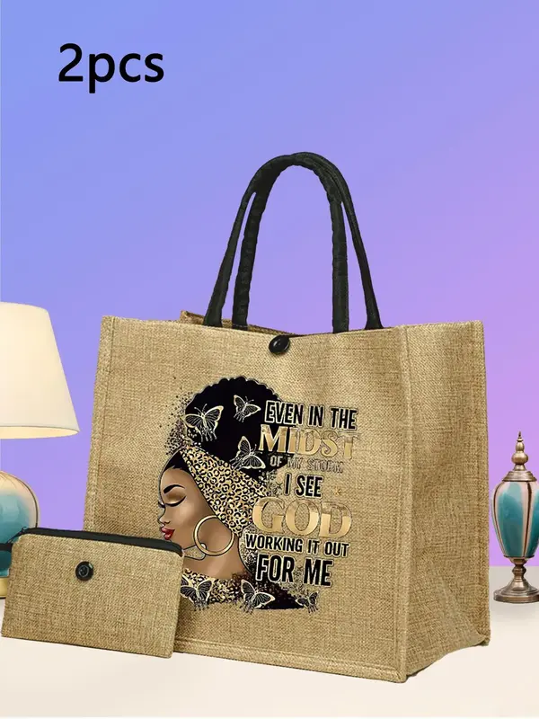 Summer Fashion Letter Pattern Tote Bags for School & Clutch Bag, Beach Essentials, Large Work Bags with Small Zipper Bag, Com...