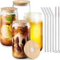Glass Cup with Lid & Straw & Brush Set, Party Clear Glass Cup Set, Summer Essentials Can Shaped Tumbler Set, Birthday Gift Id...