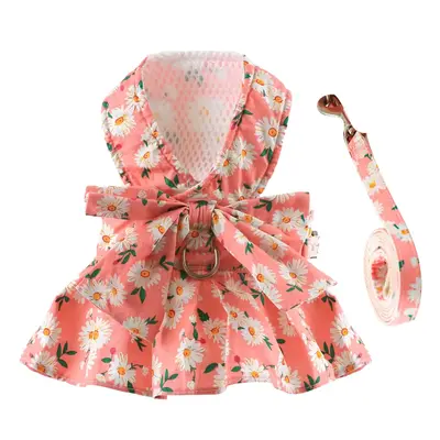 Dog Dress with Bowknot Harness & Leash Set – Floral Princess Outfit for Small Dogs & Cats, Breathable Spring/Summer Pet Clo...