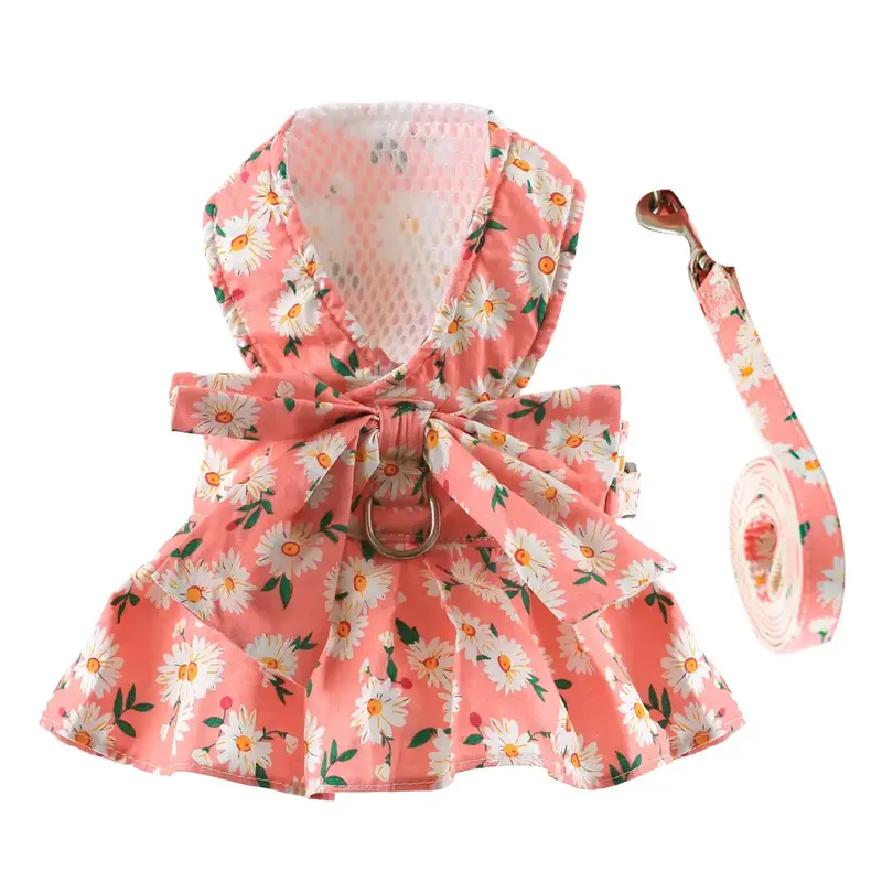 Dog Dress with Bowknot Harness & Leash Set – Floral Princess Outfit for Small Dogs & Cats, Breathable Spring/Summer Pet Clo...