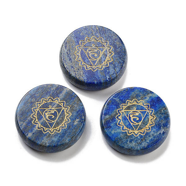 Natural Lapis Lazuli Flat Round with Chakra Sign Figurines Display Decorations