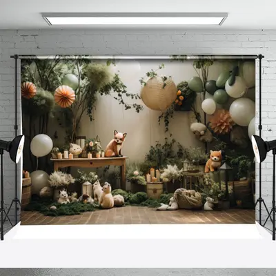 Green Leaf Animals Balloon Birthday Photo Backdrop - Aperturee