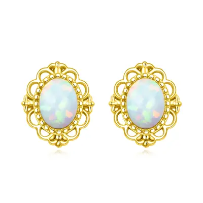 14K Yellow Gold Oval Opal Stud Earrings For Women