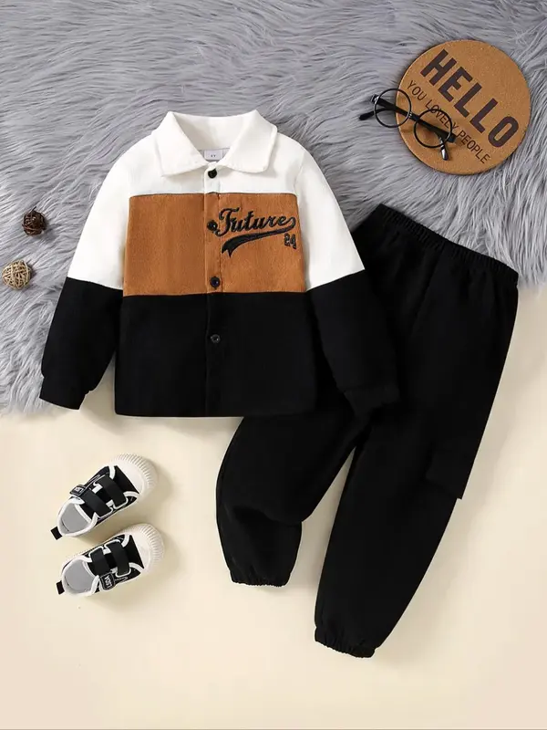 Two-Piece Set Boy's Colorblock Letter Embroidery Button Front Shirt Jacket & Plain Elastic Waist Sweatpants Set, Casual Long ...
