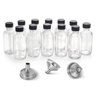 12 Pack, 2 oz Small Clear Glass Bottles with Lids & 3 Stainless Steel Funnels - 60ml Boston Sample Mini Travel Essential Bott...