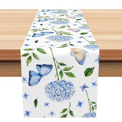 Blue Butterfly Floral Green Leaves Table Runner - Aperturee