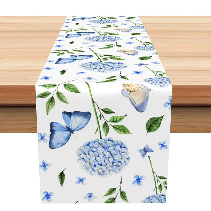 Blue Butterfly Floral Green Leaves Table Runner - Aperturee