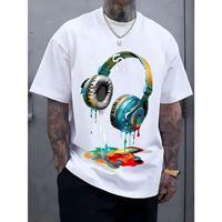 Men's Navy Blue Graphic Tee with Vibrant Headphone Print - 220g Thick Cotton, Casual & Trendy, Short Sleeve Crew Neck T-Shirt...