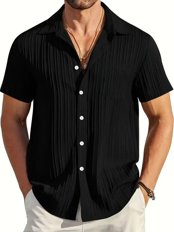 Men's Solid Textured Short Sleeve Shirt, Loose Casual Comfy Top for Summer, Men's Clothes for Daily Wear, Clothing, Fathersda...