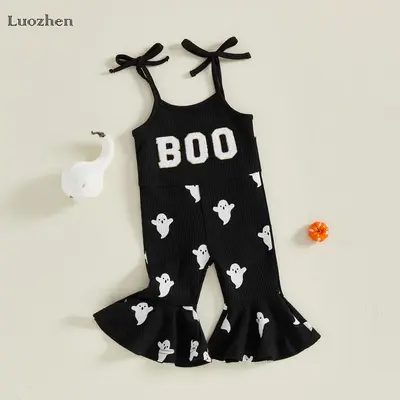 Infant Girls Baby Halloween Cute Fashion Jumpsuit Ghost Print Letter Embroidery Lace-up Spaghetti Straps Flared Jumpsuit