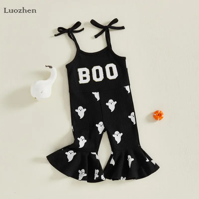 Infant Girls Baby Halloween Cute Fashion Jumpsuit Ghost Print Letter Embroidery Lace-up Spaghetti Straps Flared Jumpsuit