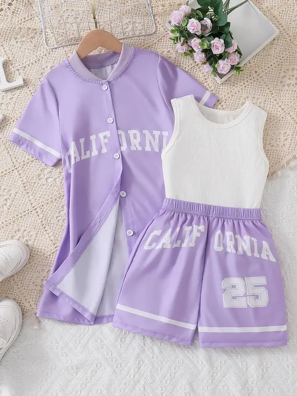 Girl's Letter Print Baseball Jersey & Vest & Shorts Three-piece Set, Casual Contrast Binding Button Front Baseball Top & Vest...