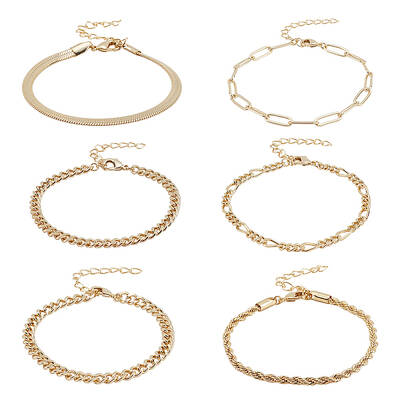 6Pcs 6 Style Brass Twist Rope & Figaro & Paperclip & Curb Chain Bracelets Set for Women