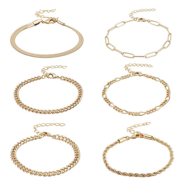 6Pcs 6 Style Brass Twist Rope & Figaro & Paperclip & Curb Chain Bracelets Set for Women