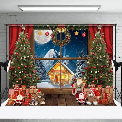 Aperturee Window Red Curtain Gifts Christmas Night Backdrop - Aperturee