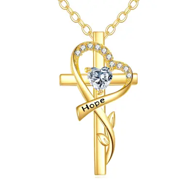 14K Gold Cubic Zirconia Personalized Birthstone Leaves Cross & Heart Necklace for Women