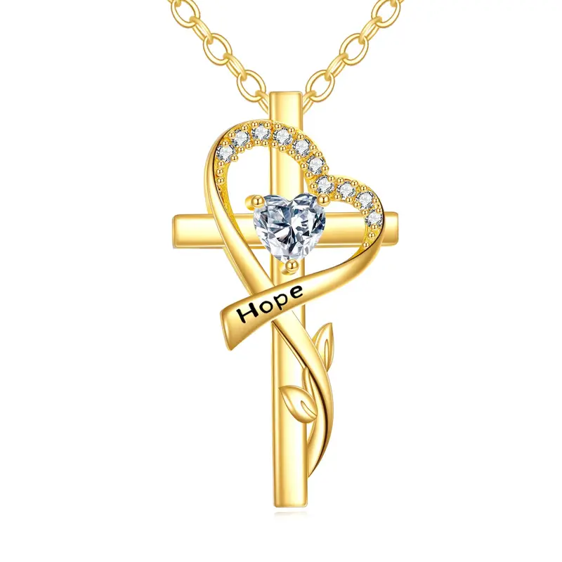 14K Gold Cubic Zirconia Personalized Birthstone Leaves Cross & Heart Necklace for Women